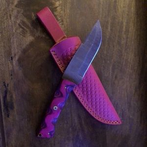 Damascus Hunting Knife Full Tang Wooden Handle Pink and Purple NWOT